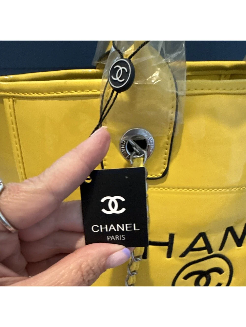 CHANEL Yellow Tote Bag Chain Strap Top Handles Magnetic Close 31 Rue Cambon